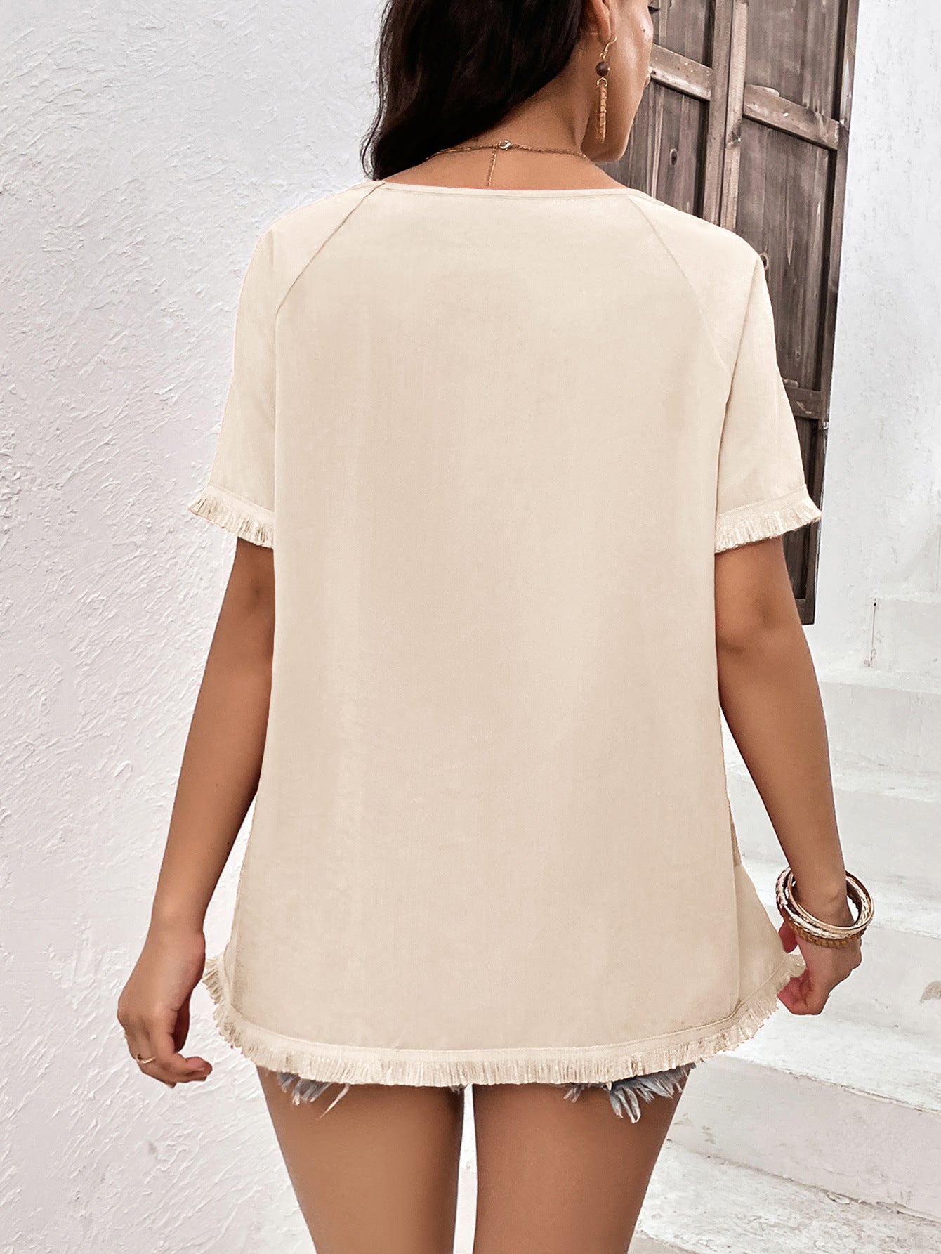Round Neck Raglan Sleeve Fringe Detail Top - Charming Charlie