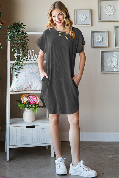 Heimish Full Size Ribbed Round Neck Short Sleeve Tee Dress - Charming Charlie