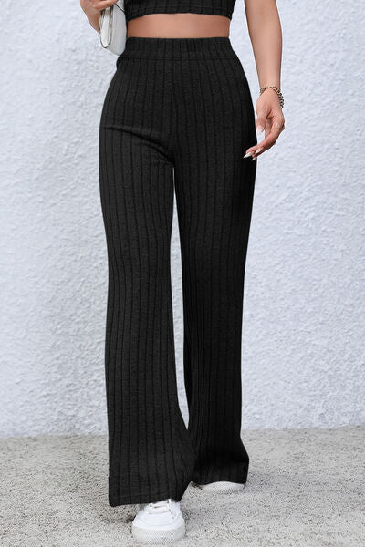 Basic Bae Full Size Ribbed High Waist Flare Pants - Charming Charlie