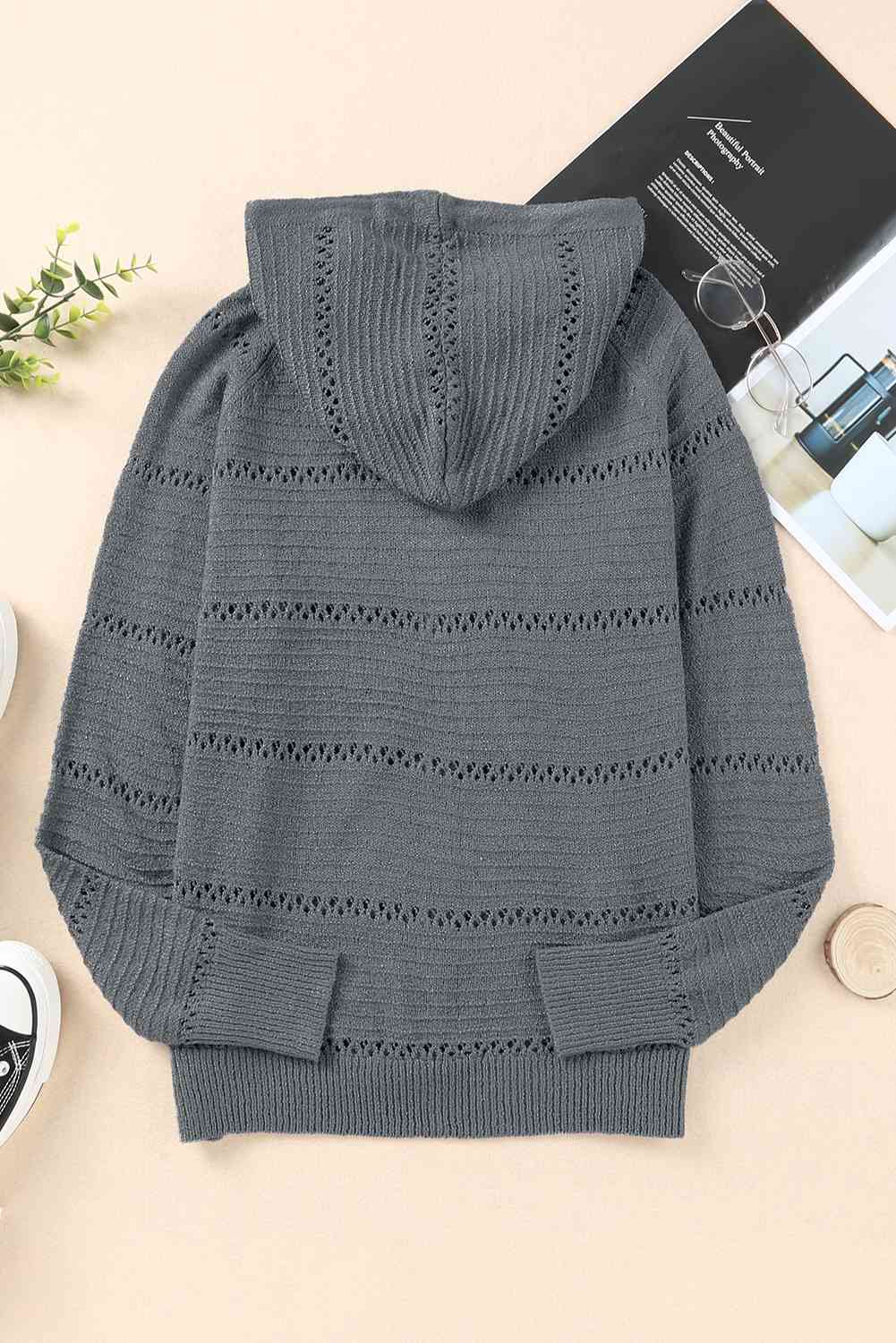 Zip-Up Raglan Sleeve Openwork Hooded Cardigan - Charming Charlie