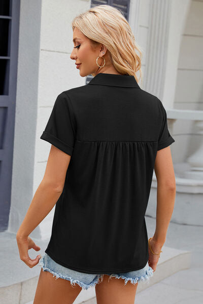 Ruched Johnny Collar Short Sleeve Blouse - Charming Charlie