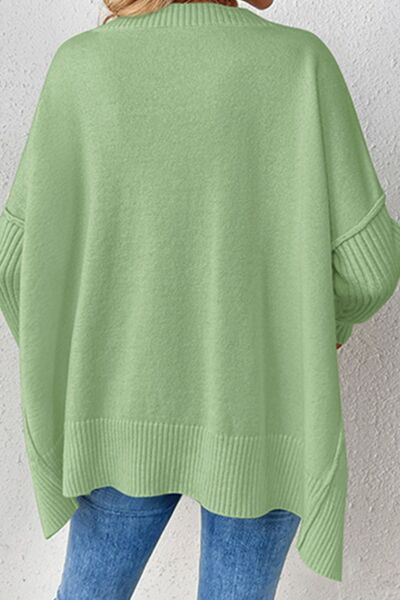 Slit V-Neck Dropped Shoulder Sweater - Charming Charlie