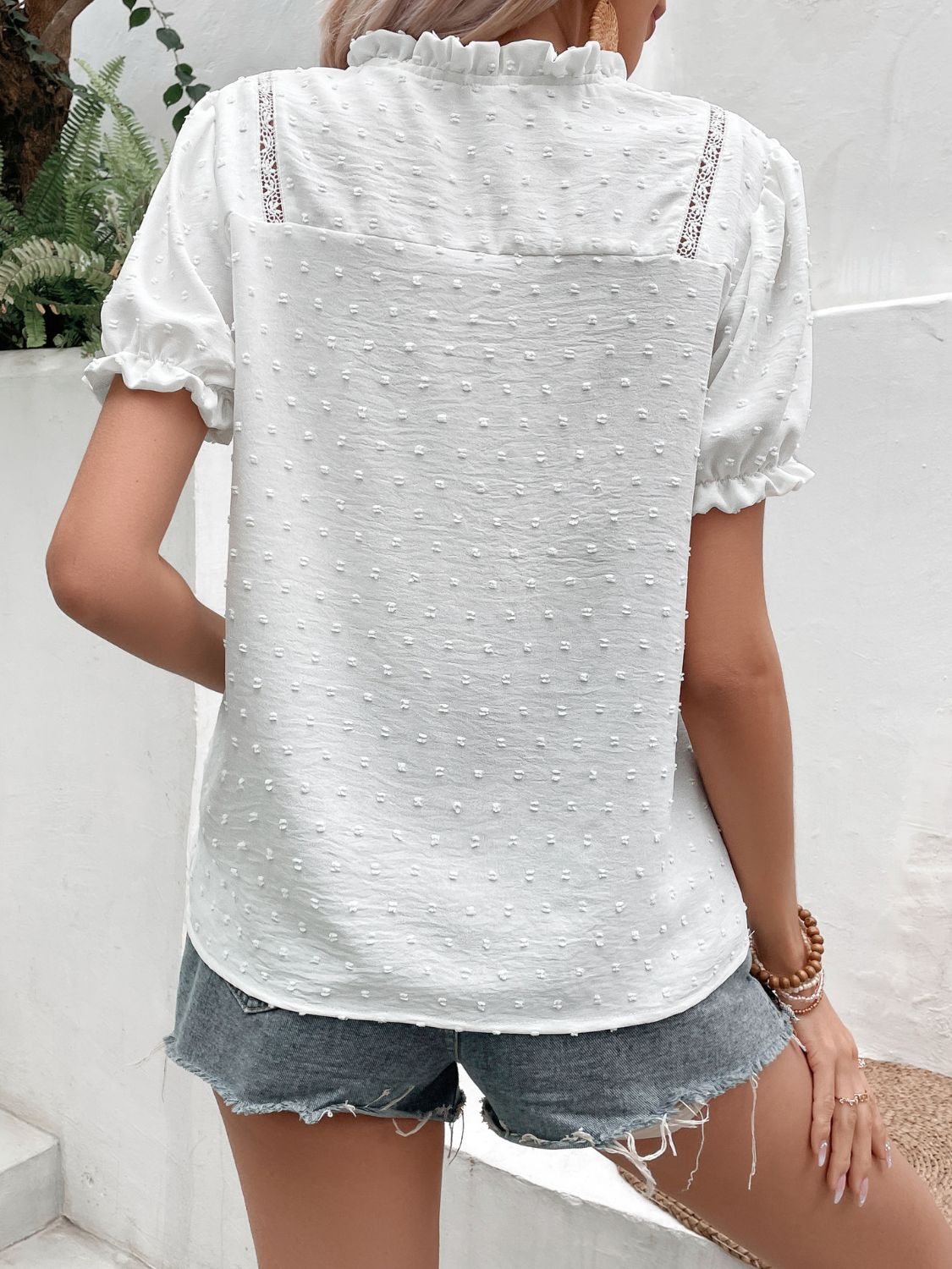 Swiss Dot Buttoned Puff Sleeve Blouse - Charming Charlie