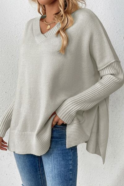 Slit V-Neck Dropped Shoulder Sweater - Charming Charlie