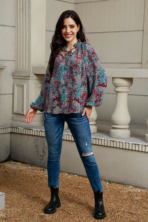 Tie Neck Heathered Balloon Sleeve Blouse - Charming Charlie