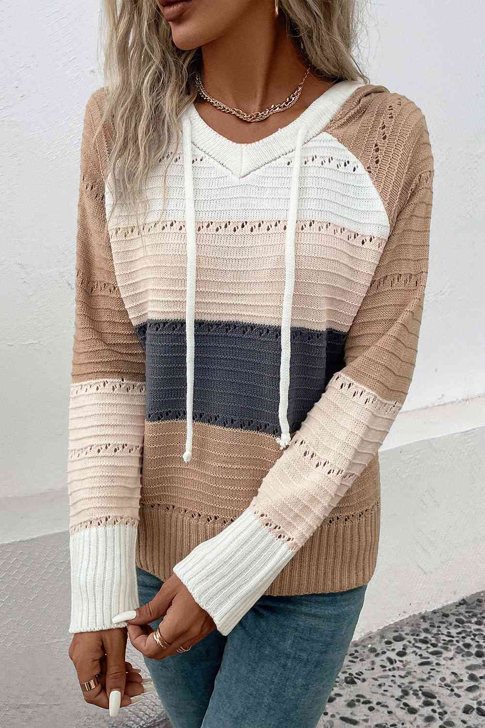 Color Block Drawstring Hooded Sweater - Charming Charlie
