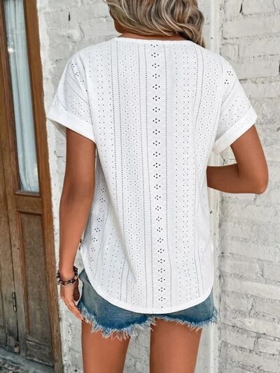 Eyelet Round Neck Short Sleeve T-Shirt - Charming Charlie
