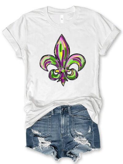 Mardi Gras Graphic Round Neck Short Sleeve T-Shirt - Charming Charlie