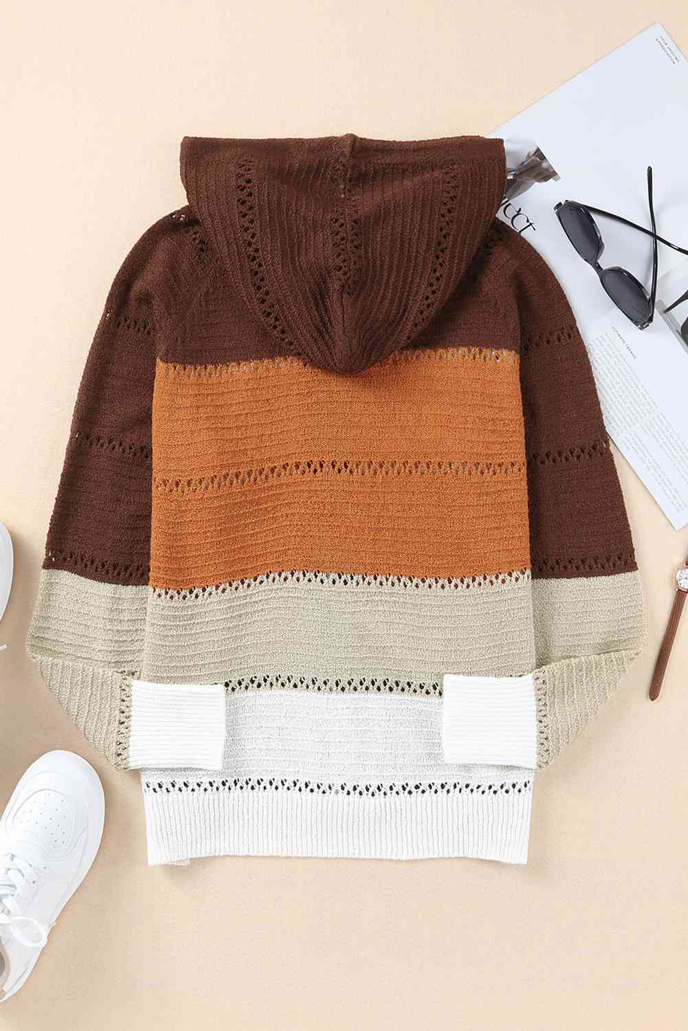 Zip-Up Raglan Sleeve Openwork Hooded Cardigan - Charming Charlie