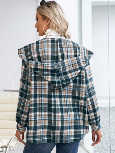 Plaid Snap Down Hooded Jacket - Charming Charlie