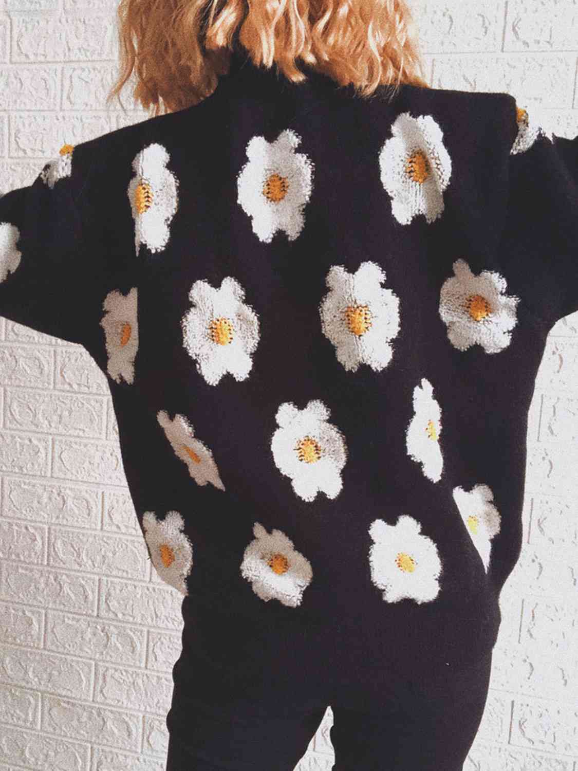 Flower Round Neck Long Sleeve Sweater - Charming Charlie