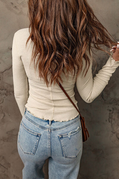 Waffle-Knit Half Snap Long Sleeve T-Shirt - Charming Charlie
