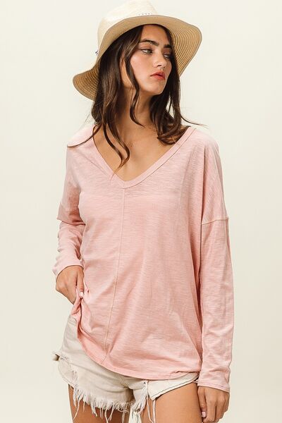 BiBi Exposed Seam V-Neck Long Sleeve T-Shirt - Charming Charlie