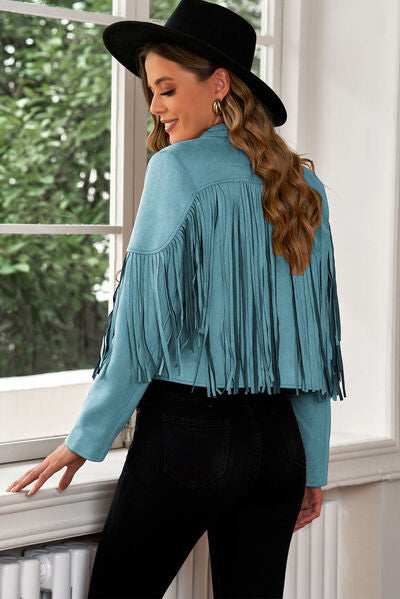 Fringe Trim Lapel Collar Cropped Blazer - Charming Charlie