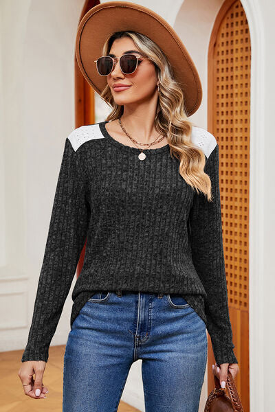 Eyelet Ribbed Round Neck Long Sleeve T-Shirt - Charming Charlie
