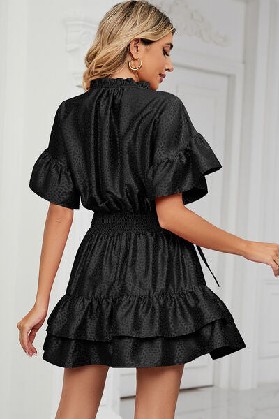 Smocked Tie Neck Flounce Sleeve Dress - Charming Charlie
