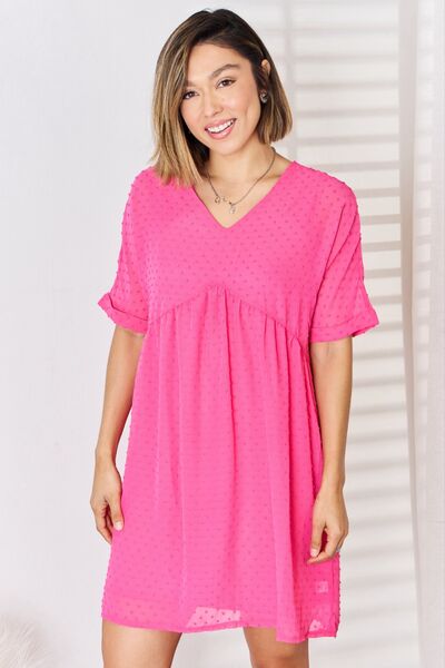 Zenana Swiss Dot Rolled Short Sleeve Babydoll Dress - Charming Charlie