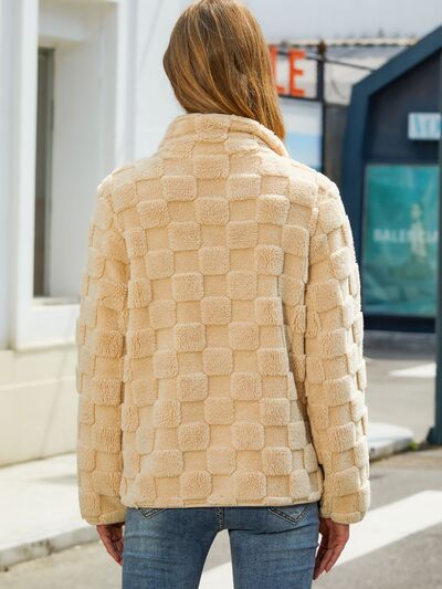 Fuzzy Checkered Zip Up Jacket - Charming Charlie