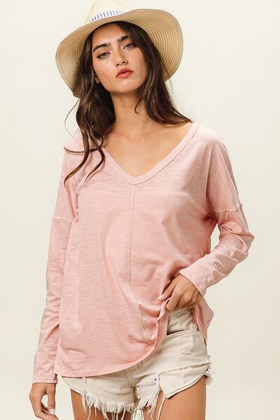 BiBi Exposed Seam V-Neck Long Sleeve T-Shirt - Charming Charlie