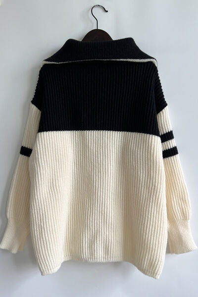 Quarter Zip Striped Dropped Shoulder Sweater - Charming Charlie