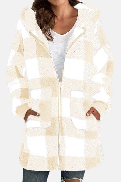 Double Take Full Size Plaid Long Sleeve Hooded Coat - Charming Charlie