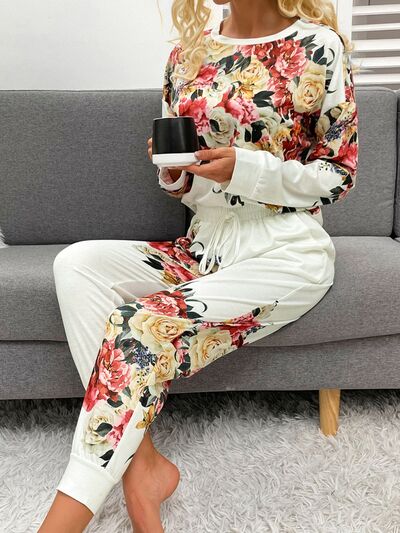 Printed Round Neck Top and Drawstring Pants Lounge Set - Charming Charlie