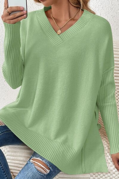 Slit V-Neck Dropped Shoulder Sweater - Charming Charlie