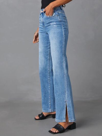 Slit Buttoned Jeans with Pockets - Charming Charlie