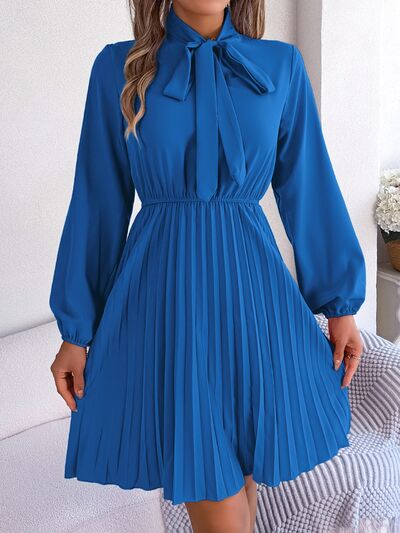 Tie Neck Balloon Sleeve Pleated Dress - Charming Charlie