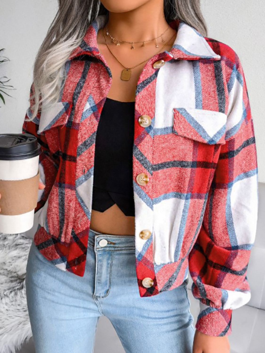 Plaid Collared Neck Drop Shoulder Jacket - Charming Charlie