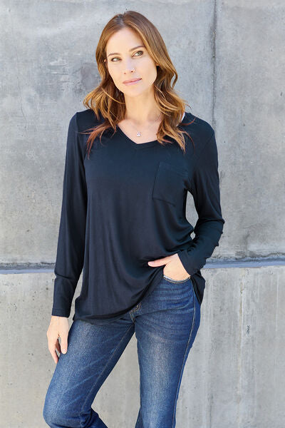 Basic Bae Full Size V-Neck Long Sleeve Top - Charming Charlie
