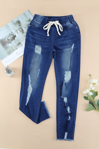 Drawstring Distressed Raw Hem Jeans with Pockets - Charming Charlie