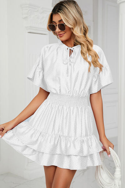 Smocked Tie Neck Flounce Sleeve Dress - Charming Charlie