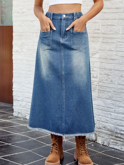 Raw Hem Buttoned Denim Skirt with Pockets - Charming Charlie
