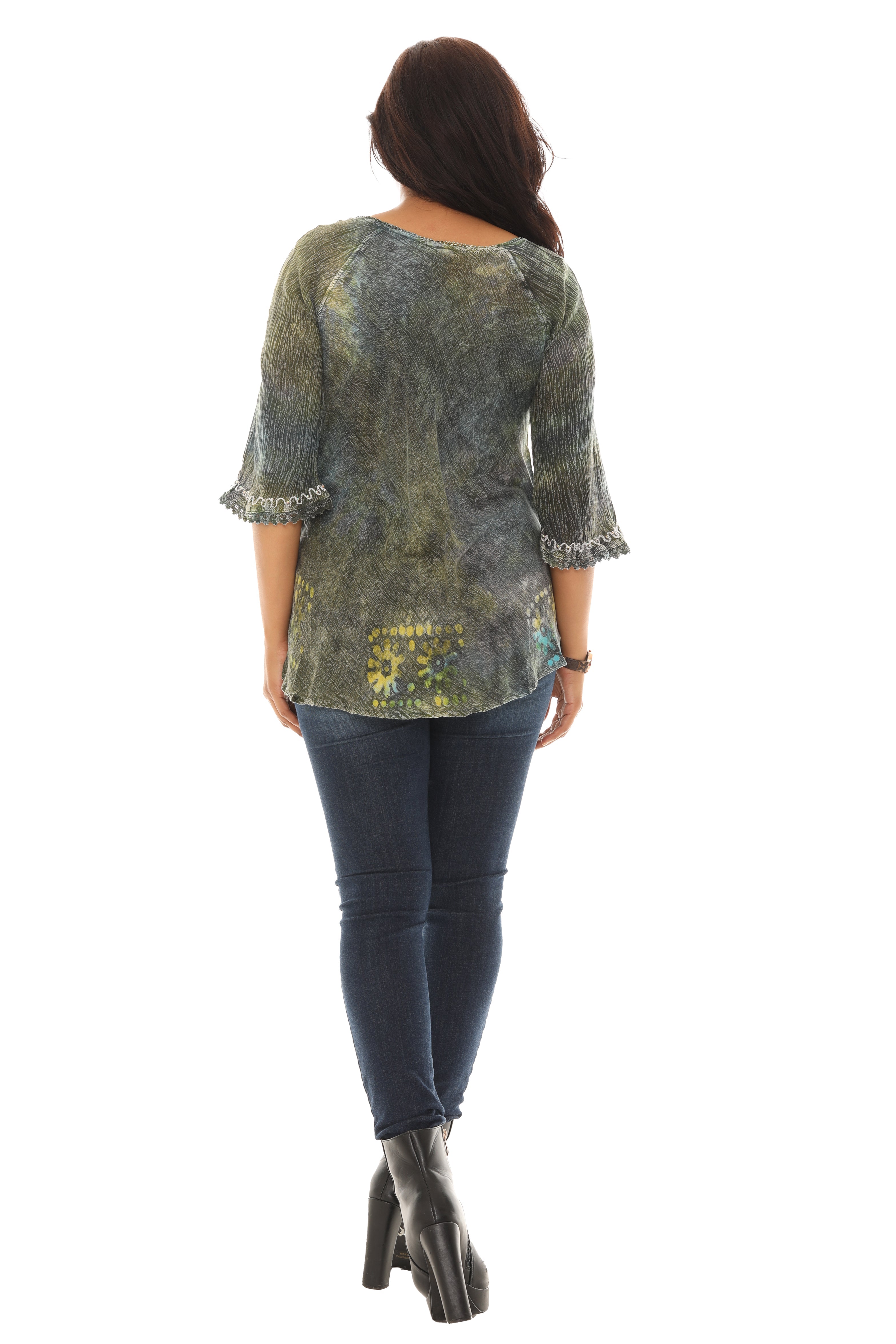 Dark Tie Dye Tunic with Floral Embroidered Embellished Neckline - Charming Charlie