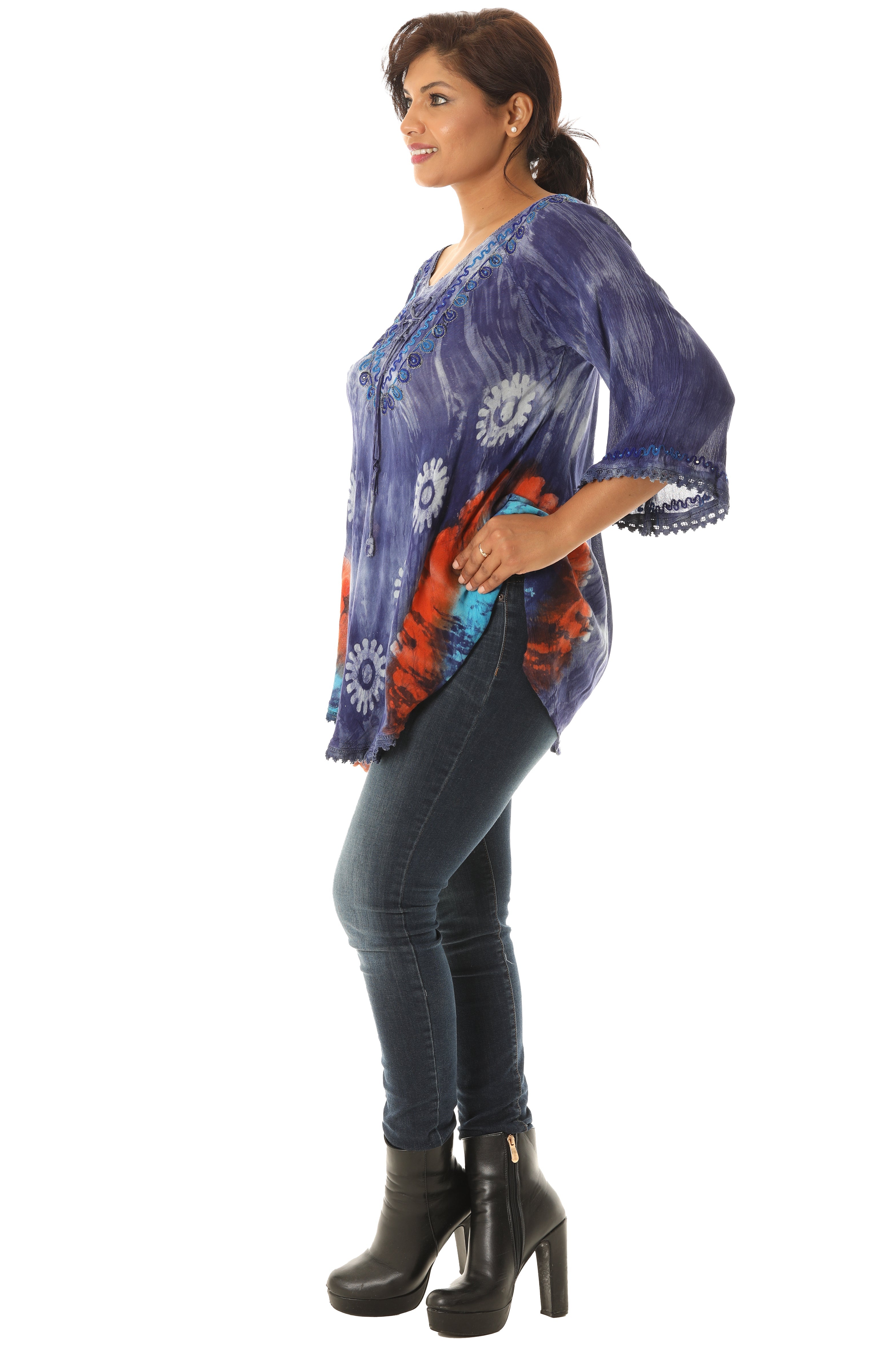 Bold Floral Pattern Orange Accent Tie Dye Rayon Tunic - Charming Charlie