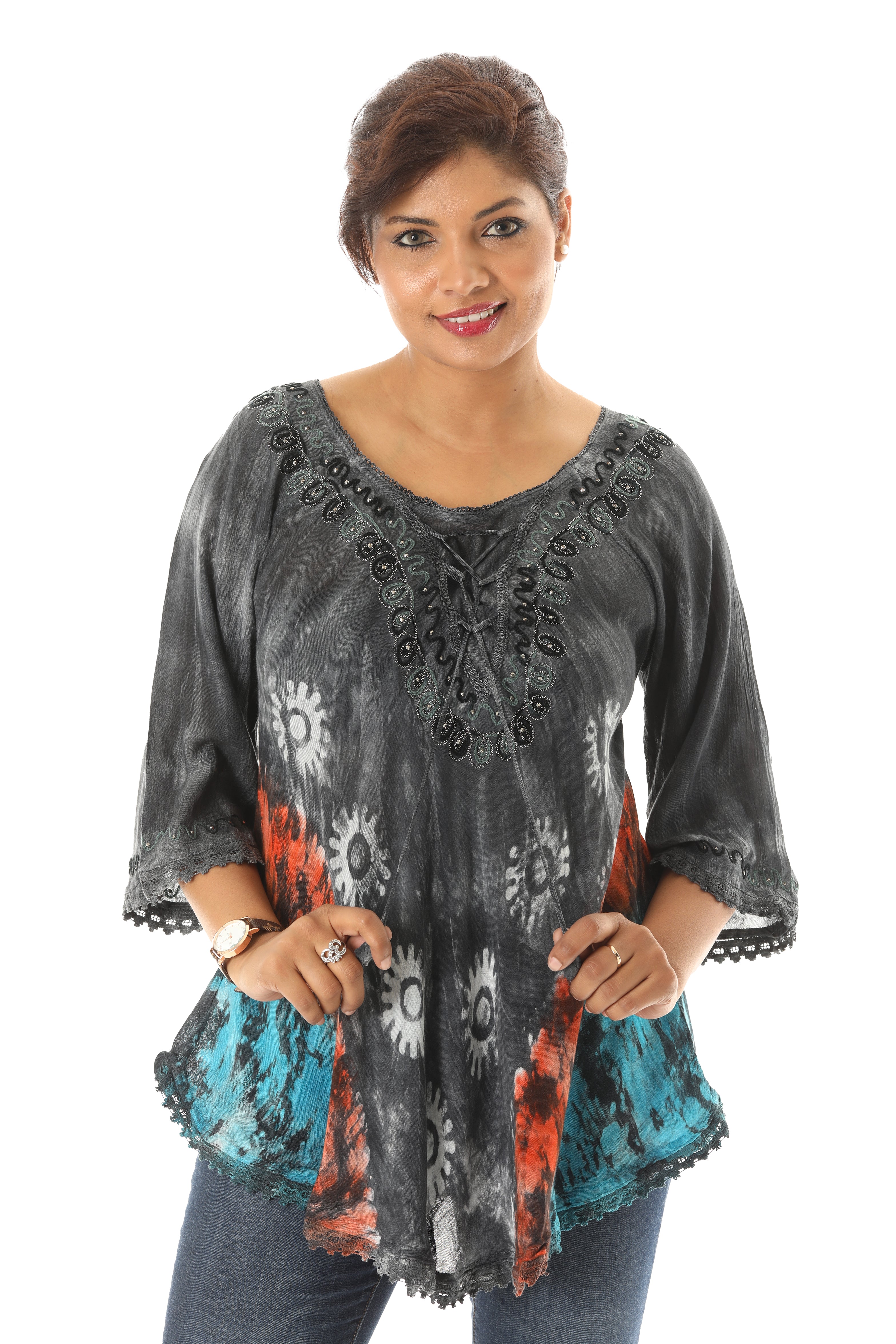 Bold Floral Pattern Orange Accent Tie Dye Rayon Tunic - Charming Charlie
