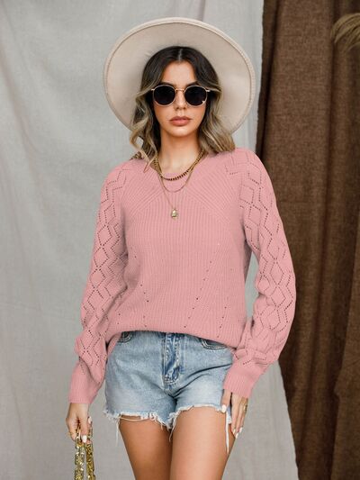 Openwork Round Neck Raglan Sleeve Sweater - Charming Charlie