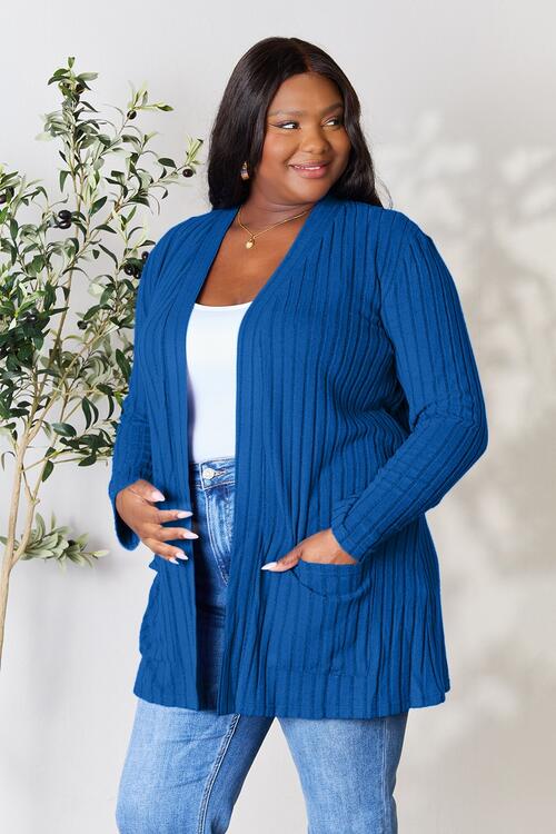 Basic Bae Full Size Ribbed Open Front Cardigan with Pockets - Charming Charlie