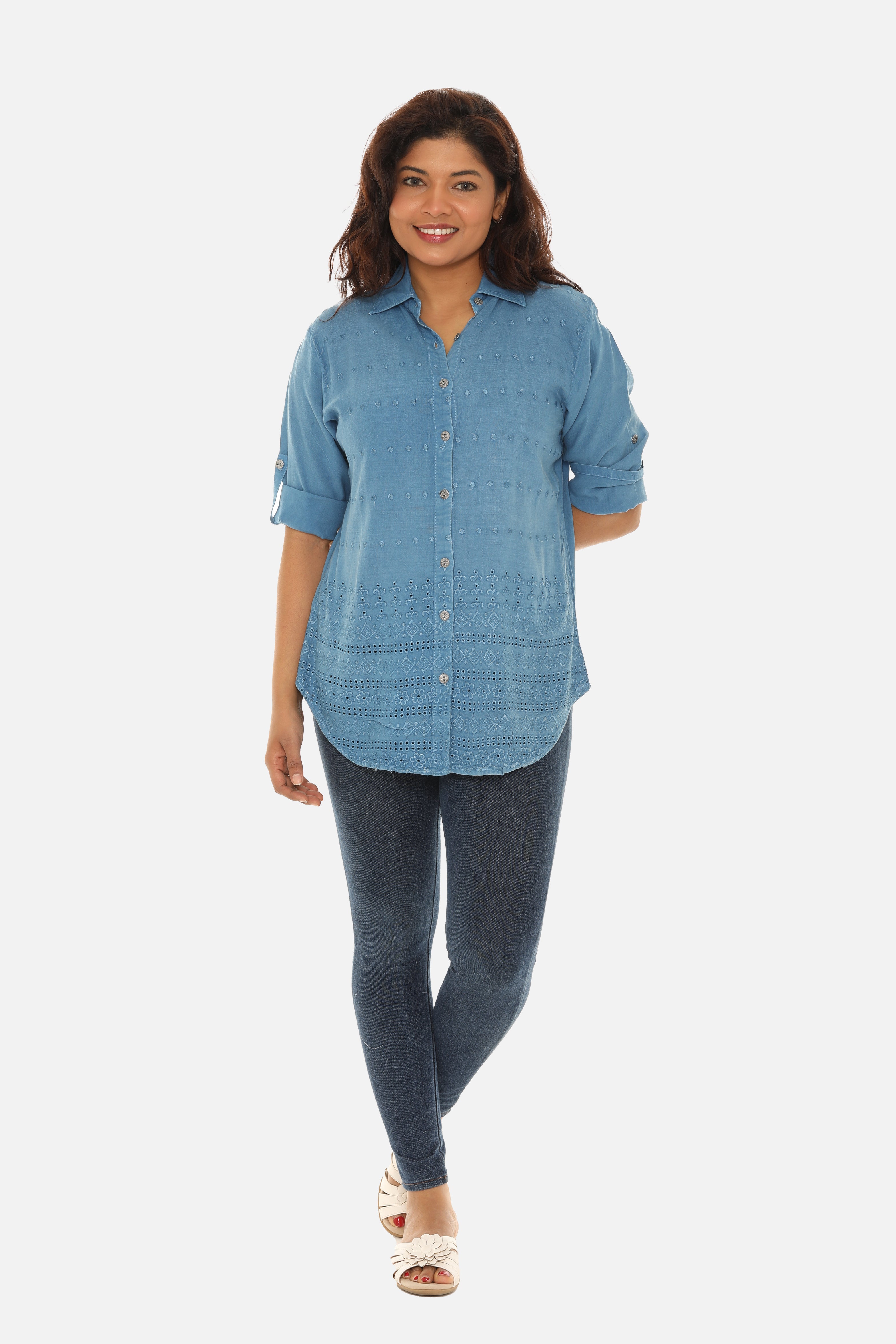 Embroidered Hem Women's Button Down Shirt - Charming Charlie