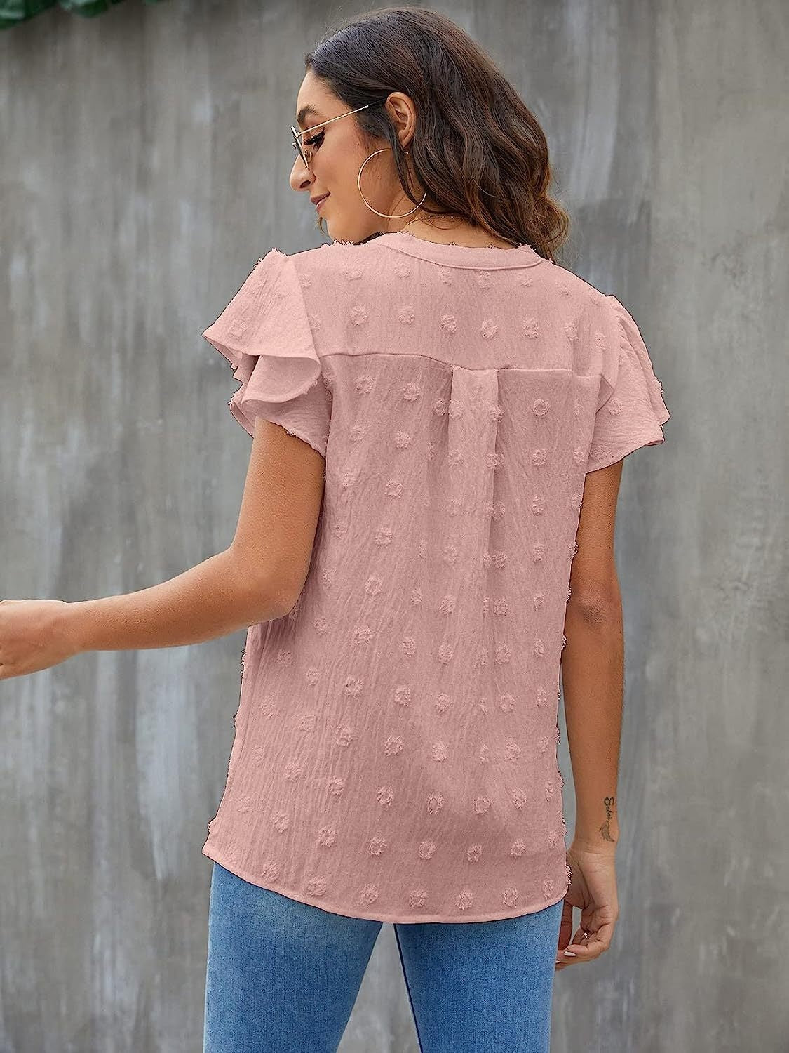Swiss Dot Notched Cap Sleeve Blouse - Charming Charlie