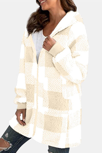 Double Take Full Size Plaid Long Sleeve Hooded Coat - Charming Charlie