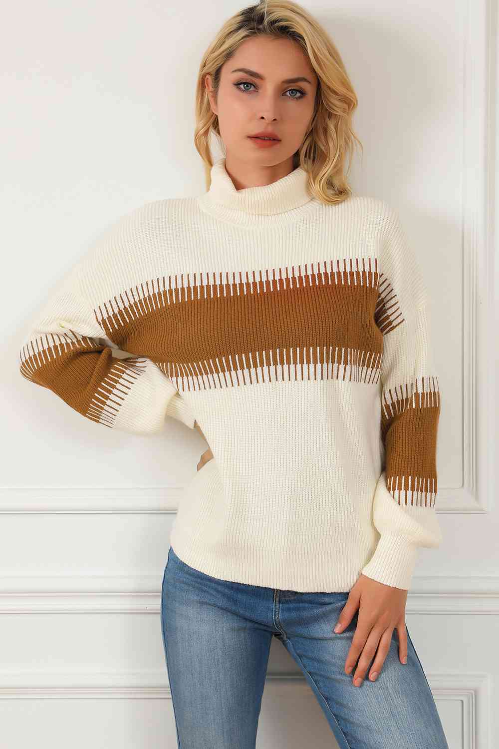 Contrast Turtleneck Long Sleeve Sweater - Charming Charlie