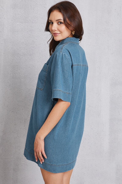 Pocketed Collared Neck Mini Denim Dress - Charming Charlie