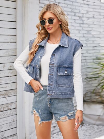 Cap Sleeve Denim Jacket with Pockets - Charming Charlie