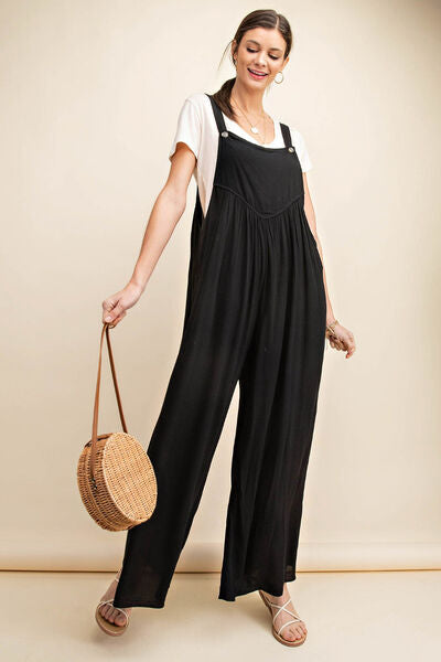 Kori America Full Size Sleeveless Ruched Wide Leg Overalls - Charming Charlie