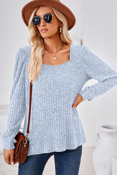 Ribbed Square Neck Long Sleeve T-Shirt - Charming Charlie