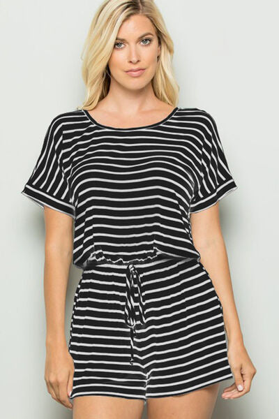 Heimish Full Size Striped Round Neck Short Sleeve Romper - Charming Charlie