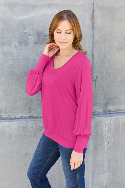 Basic Bae Full Size V-Neck Lantern Sleeve Blouse - Charming Charlie