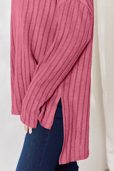 Basic Bae Full Size Ribbed Half Button Long Sleeve High-Low T-Shirt - Charming Charlie